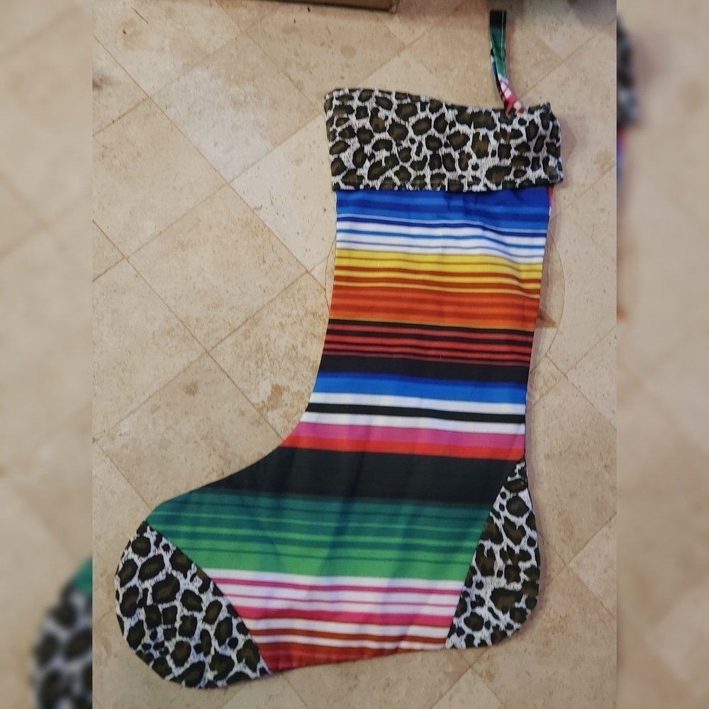 Colorful Striped Christmas Stocking with Leopard Print Trim